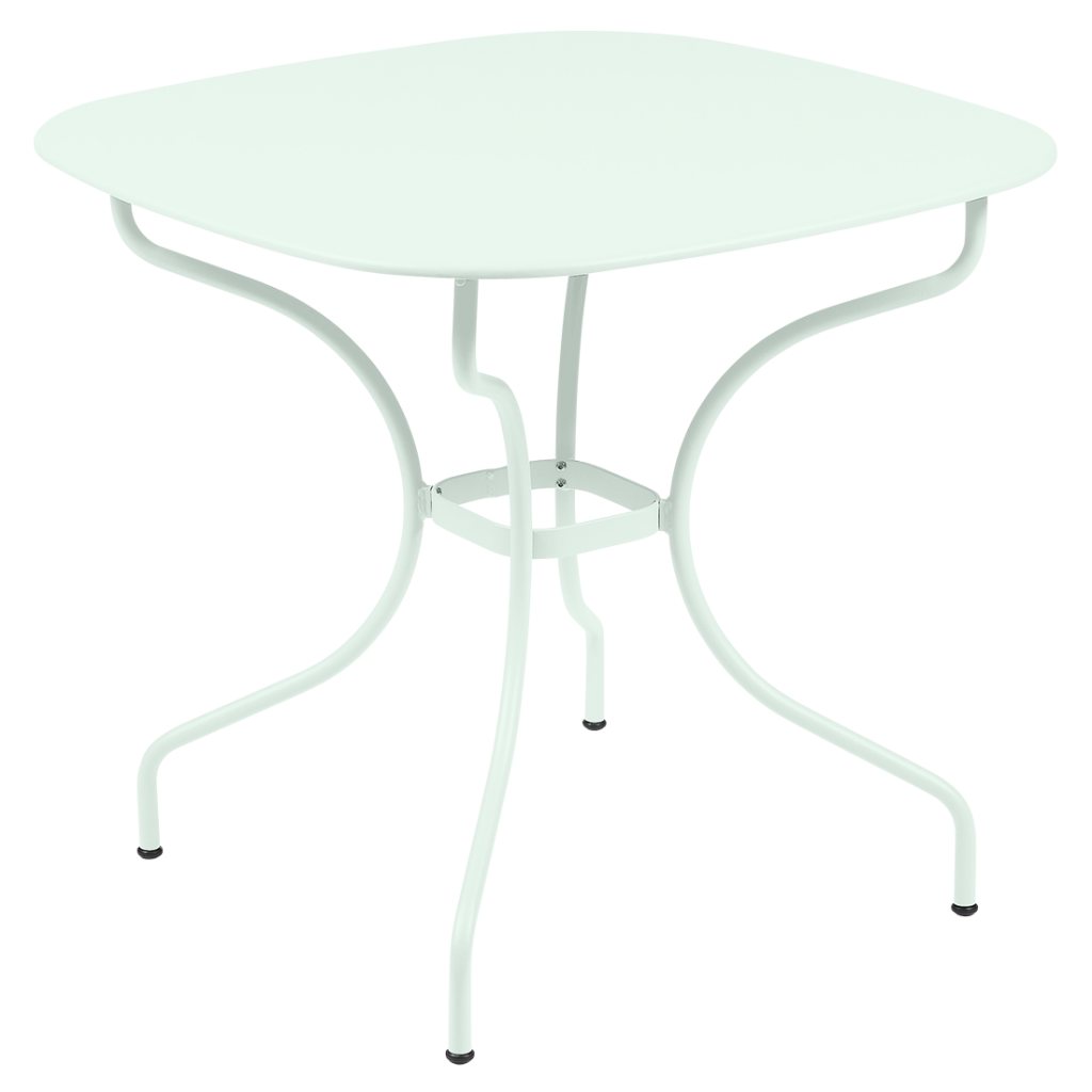 Une table blanche avec deux pieds et un plateau blanc.