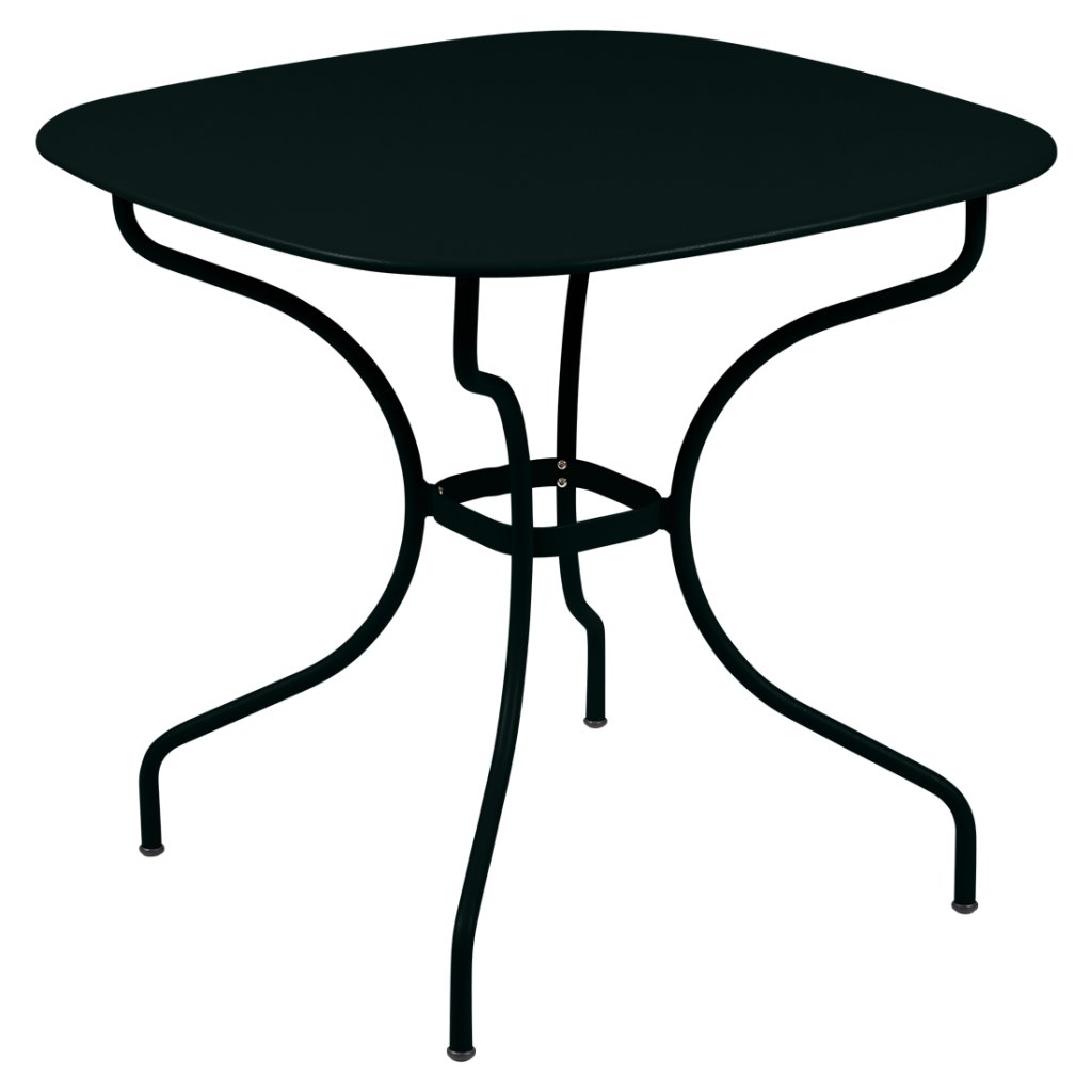 Une table noire avec des pieds en métal et un plateau noir.