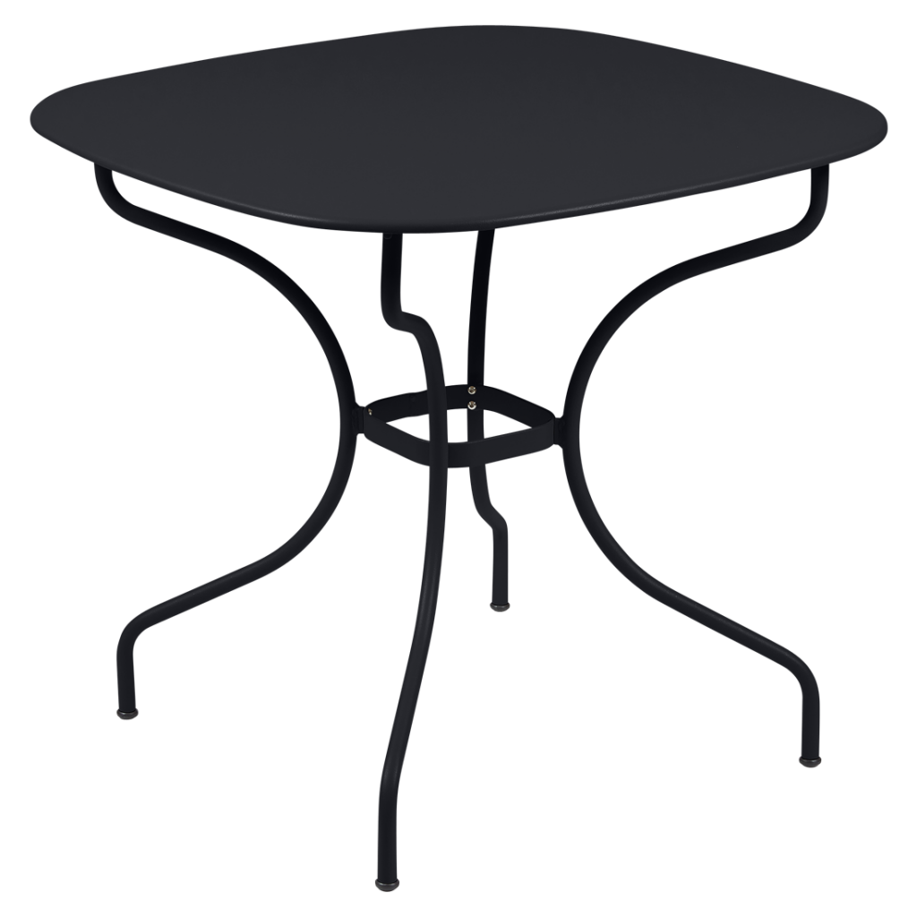 Une table noire avec des pieds en métal et un plateau noir.