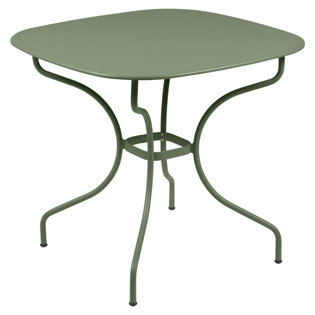 Une table en métal vert avec un plateau octogonal.