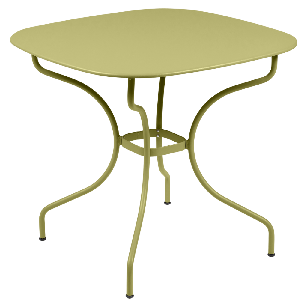 Une table en métal vert avec une base en métal.