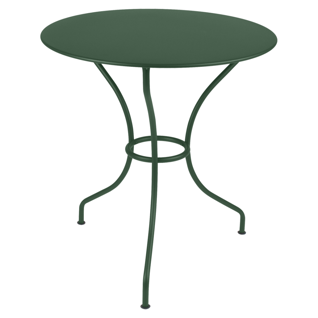 Une table en métal vert avec un plateau rond.