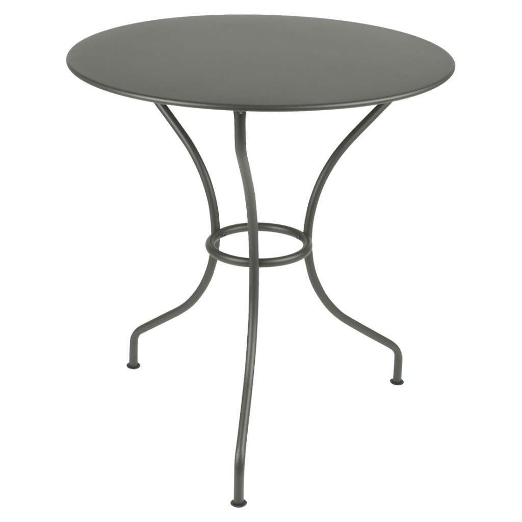 Une table ronde avec un piètement en métal gris.