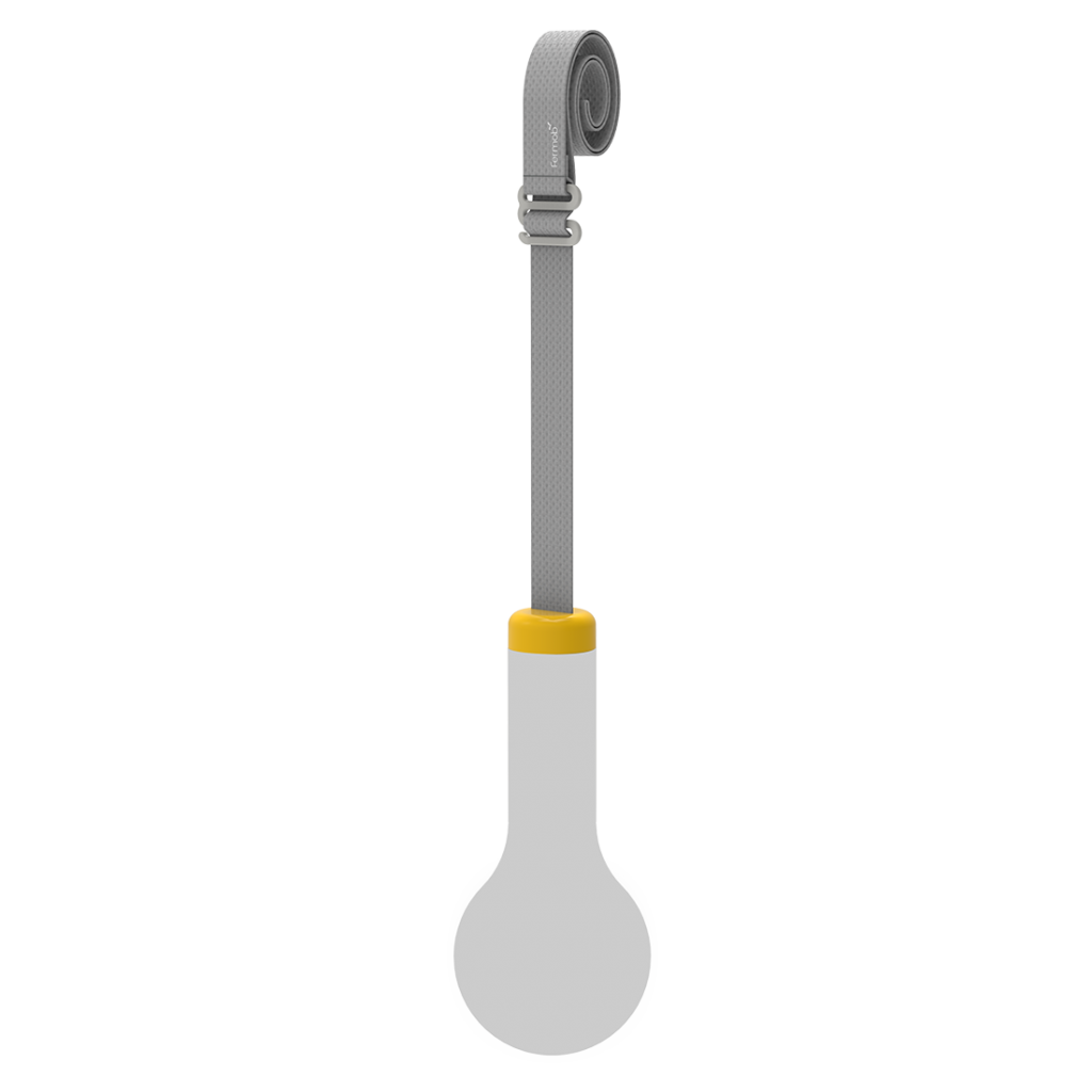 Une poignée grise et jaune sur fond blanc.