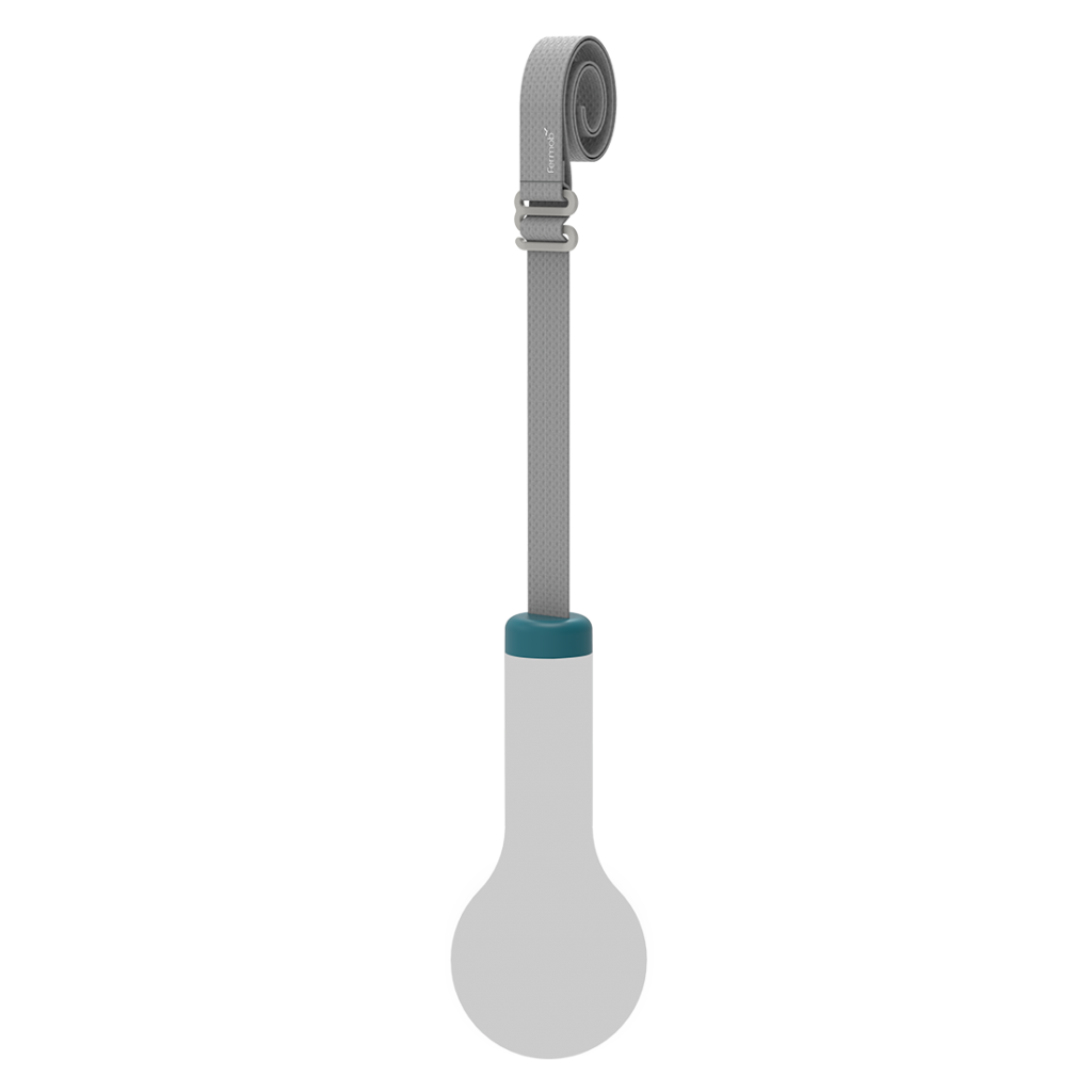 Une brosse de toilette grise et bleue avec un manche bleu.