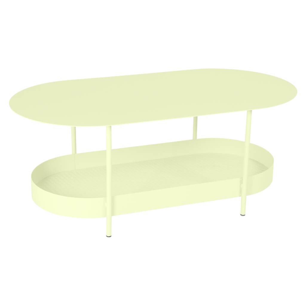 Une table basse blanche avec une étagère sur le dessus.