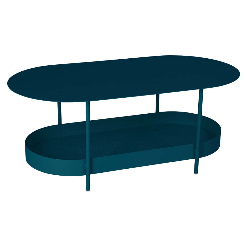 Une table basse bleue avec une base en métal.