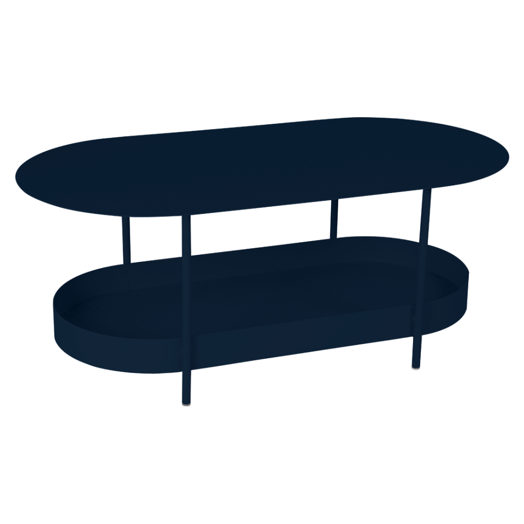 Une table basse bleu foncé à deux pieds.