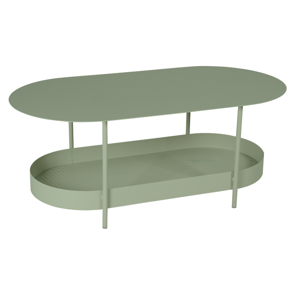 Une table basse verte avec une étagère sur le dessus.