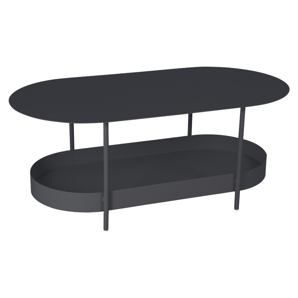 Une table basse noire sur fond blanc.