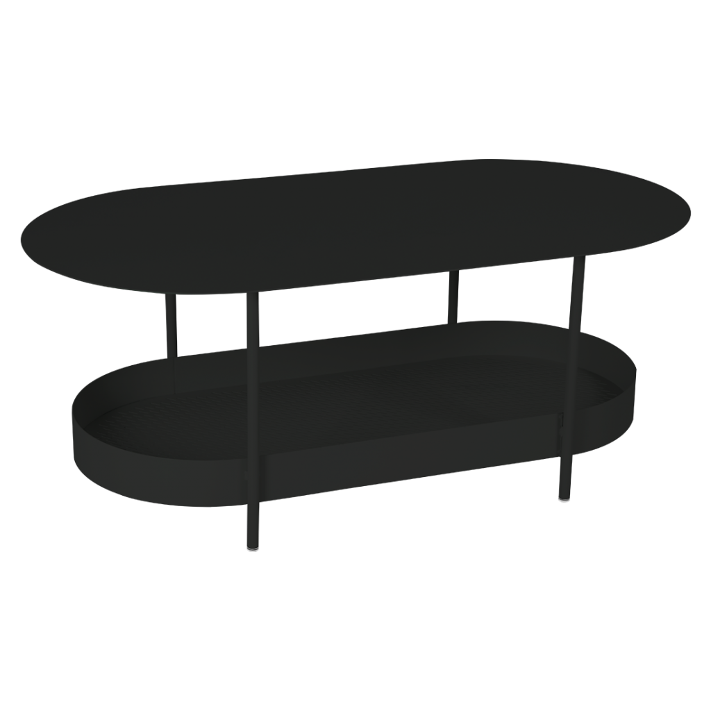 Une table basse noire sur fond blanc.