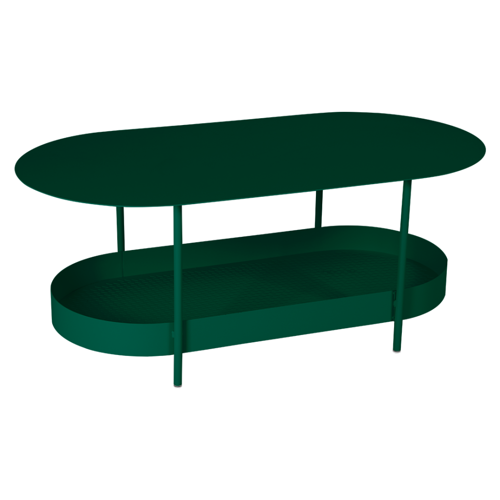 Une table basse verte avec une base en métal.
