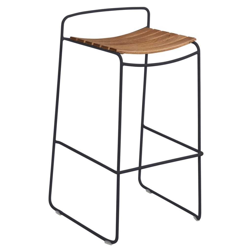 Un tabouret noir avec une assise en bois.