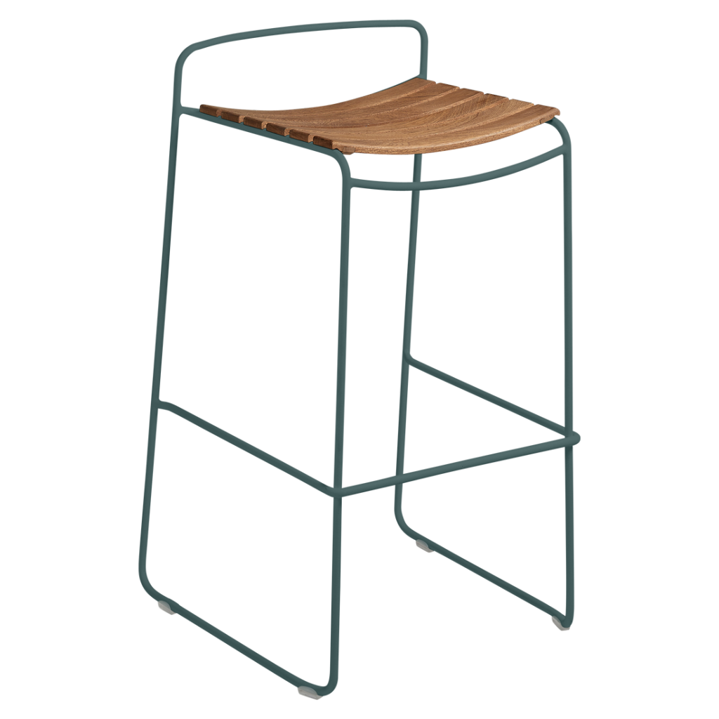 Un tabouret vert avec une assise en bois.