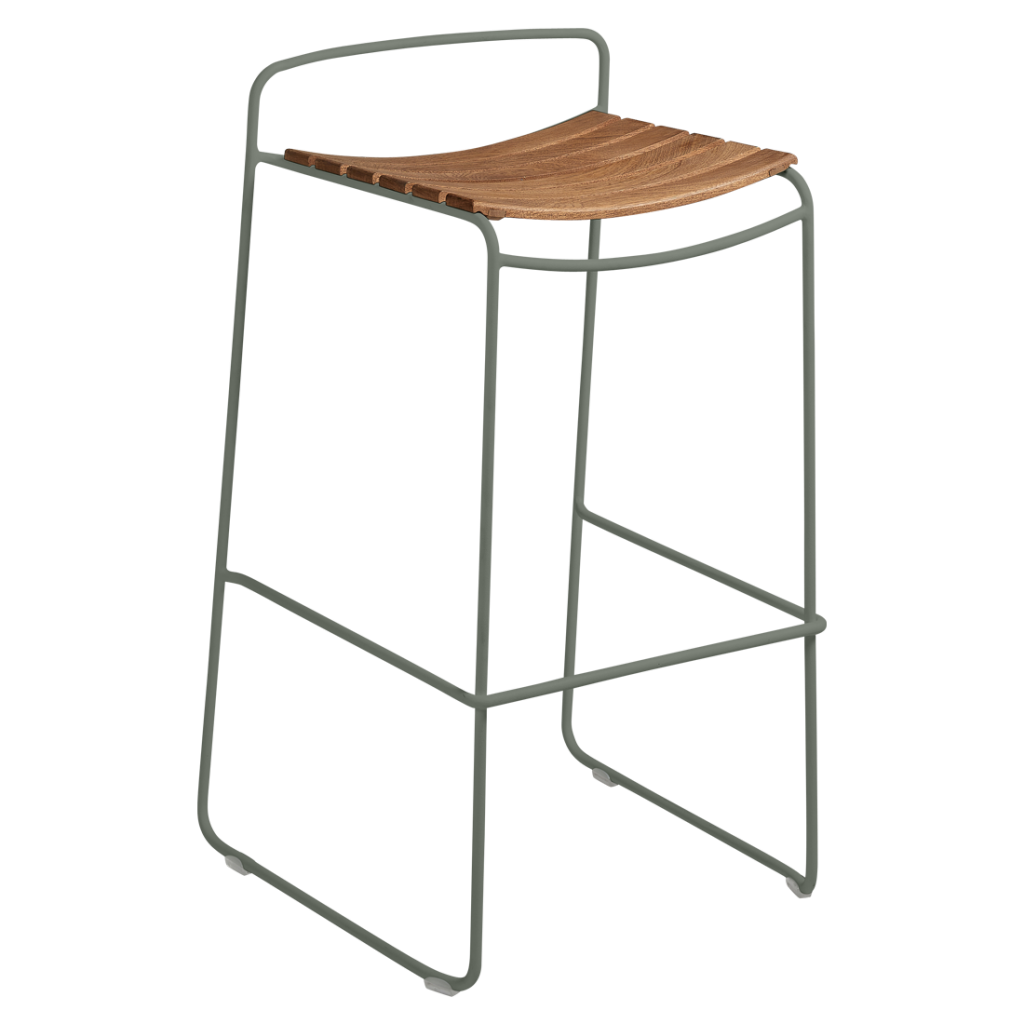 Un tabouret vert avec une assise en bois.