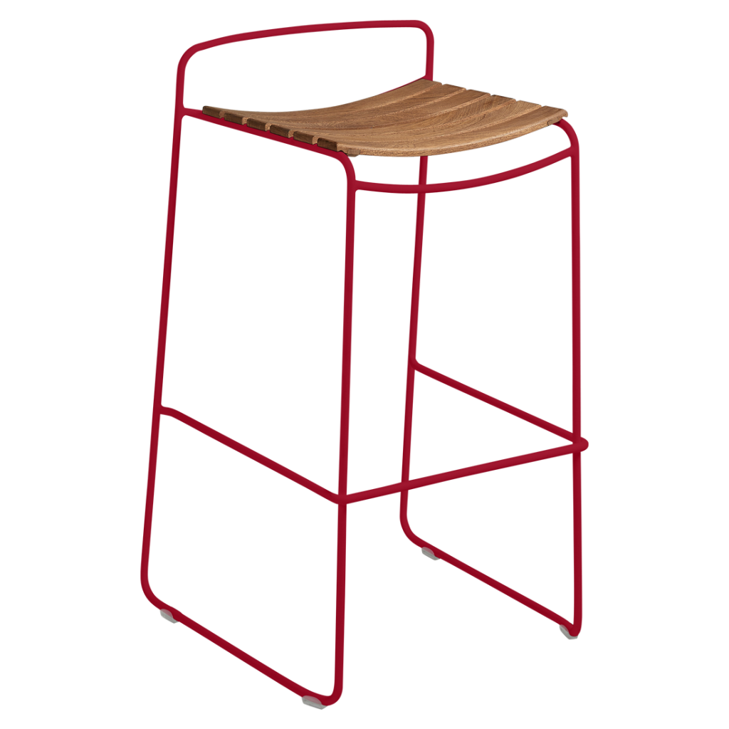 Un tabouret rouge avec une assise en bois.
