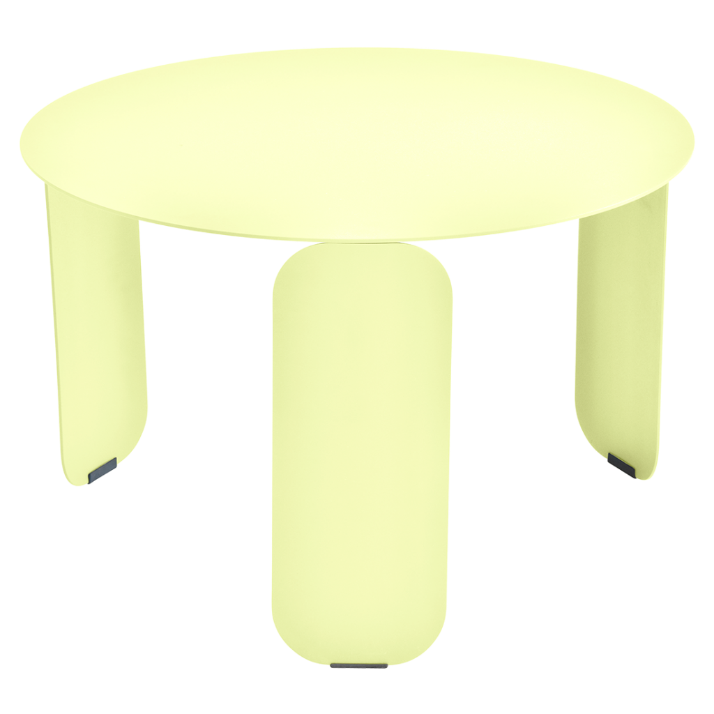 Une table ronde avec deux pieds et un plateau jaune.