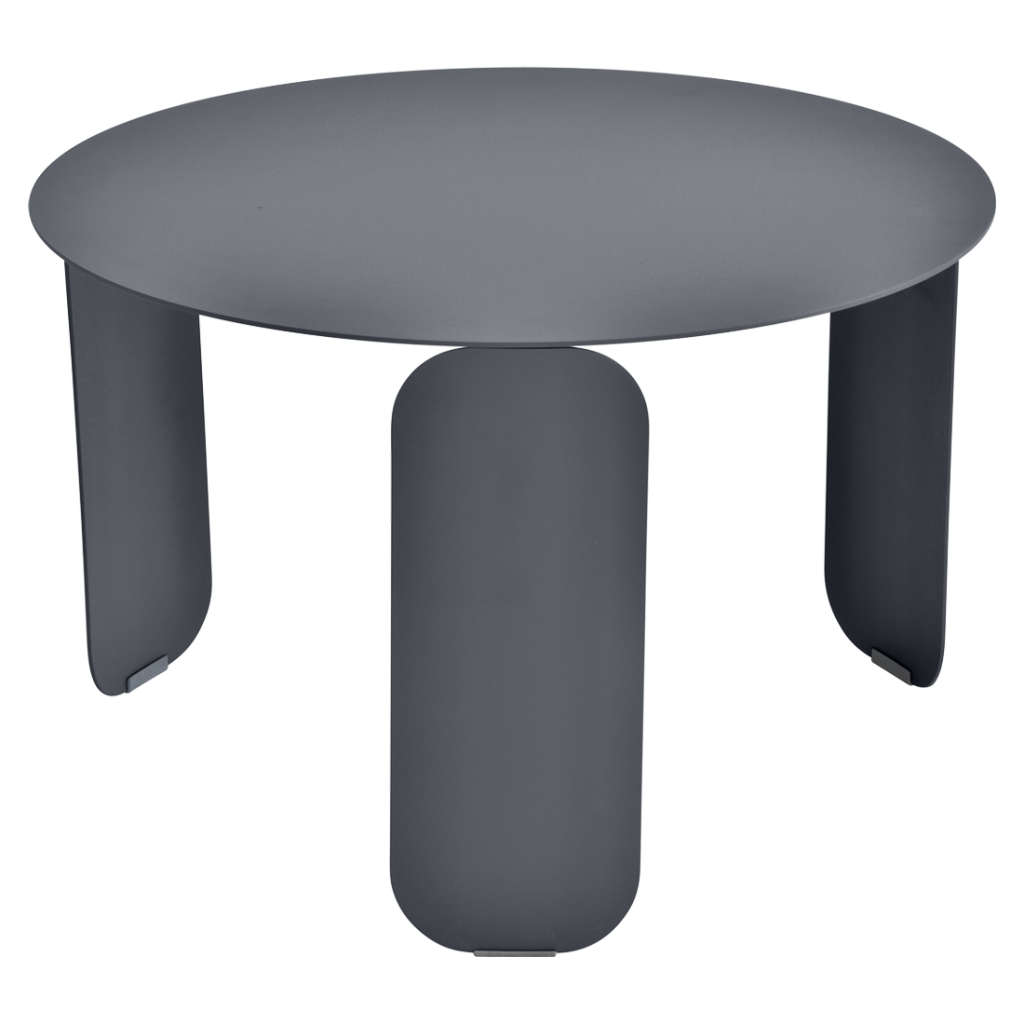 Une table ronde avec deux pieds et un plateau noir.