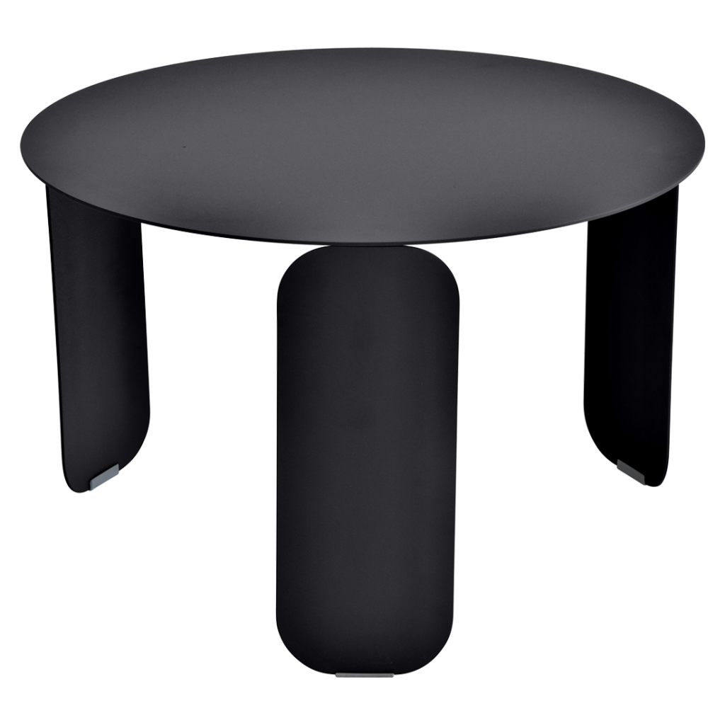 Une table ronde noire avec deux pieds sur fond blanc.