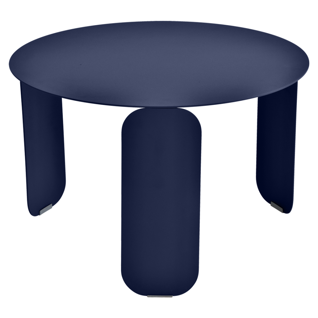 Une table ronde avec deux pieds en bleu foncé.