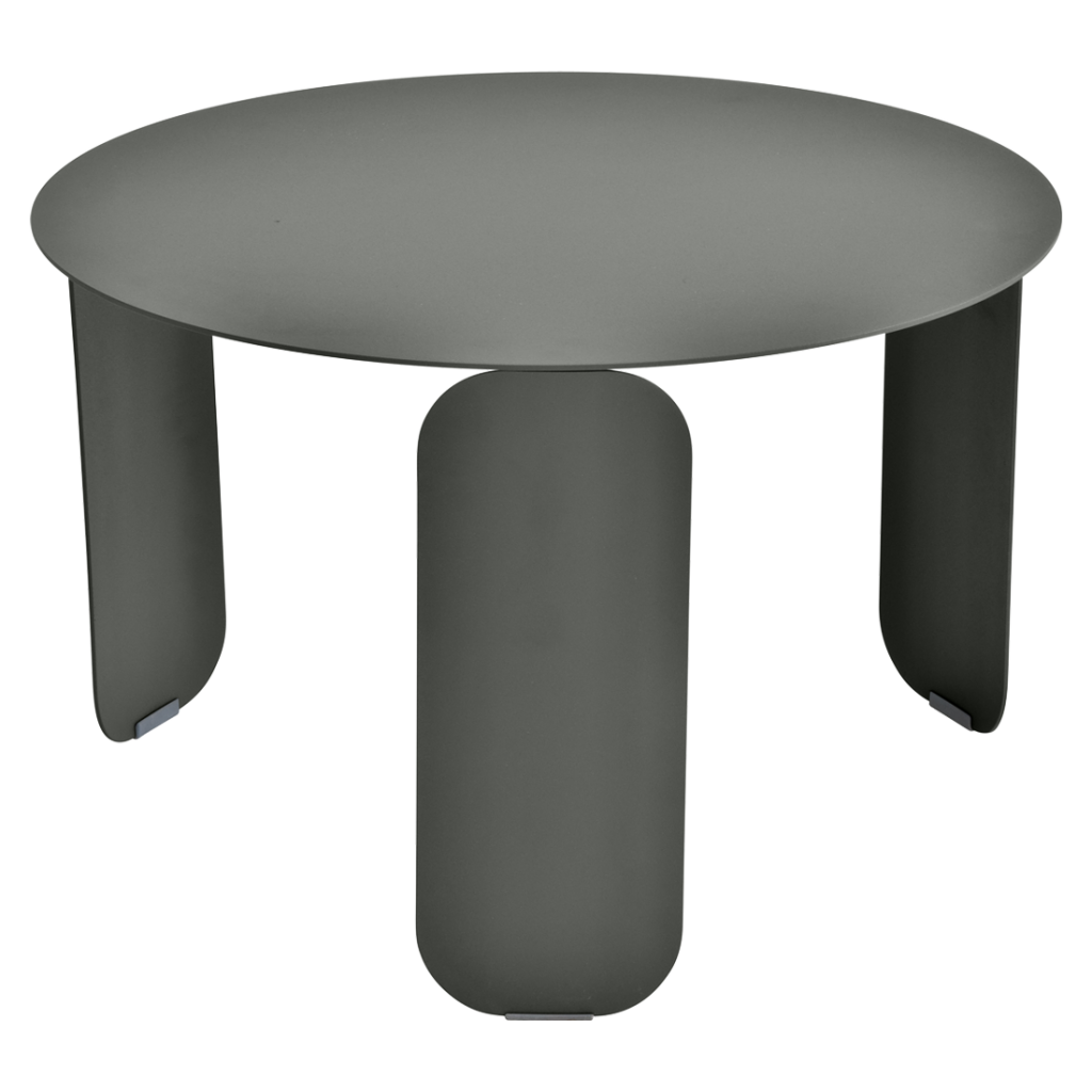 Une table ronde avec deux pieds et un plateau noir.