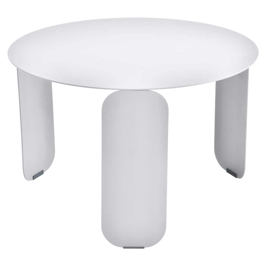 Une table ronde blanche avec deux pieds sur fond blanc.