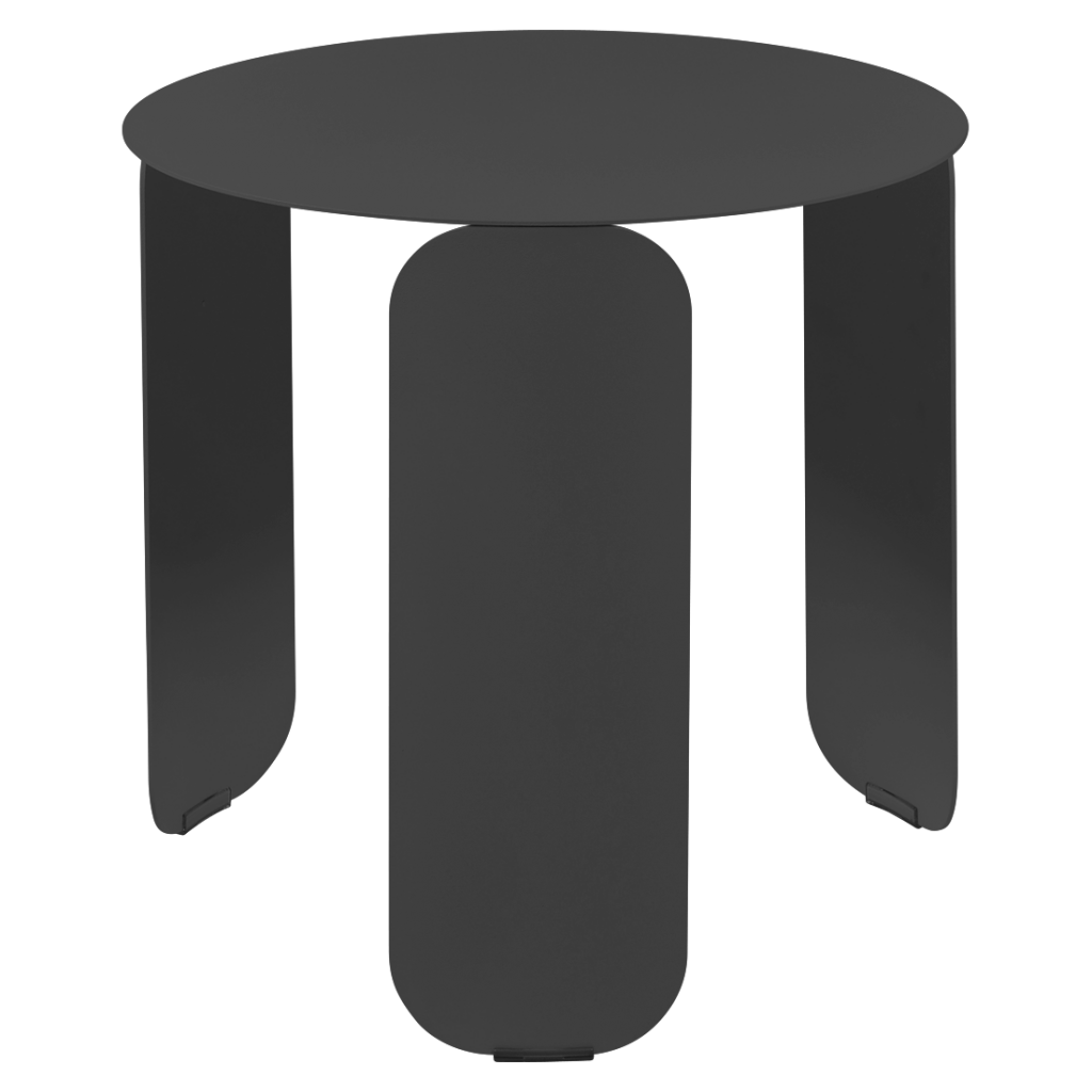 Une table d'appoint noire à deux pieds sur fond gris.