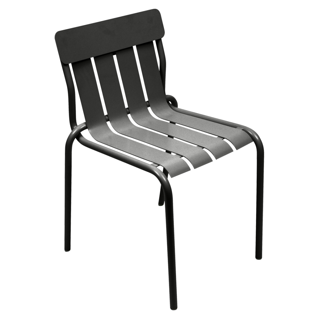 Une chaise noire et blanche avec une assise à lattes.