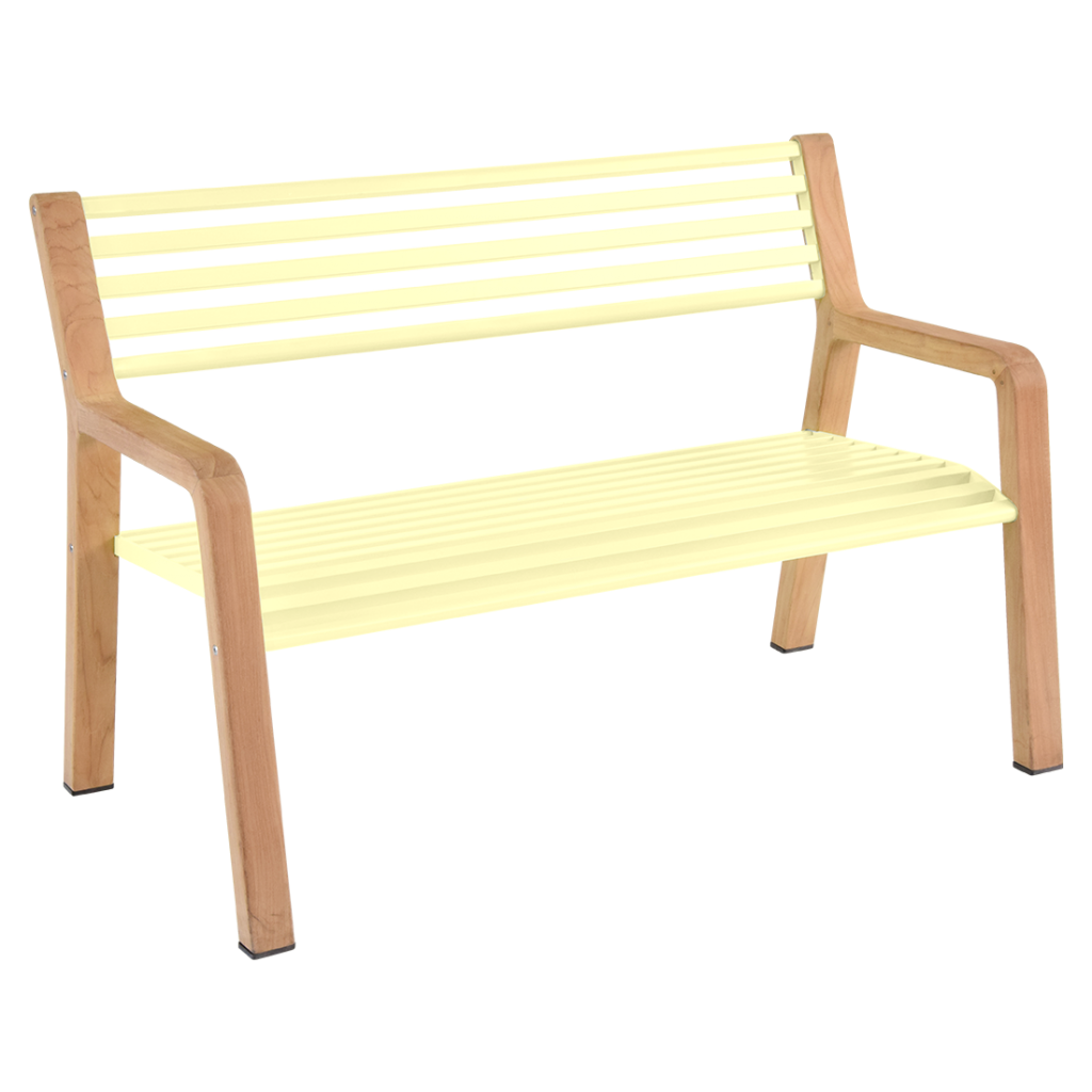 Un banc avec une structure en bois et une assise jaune.