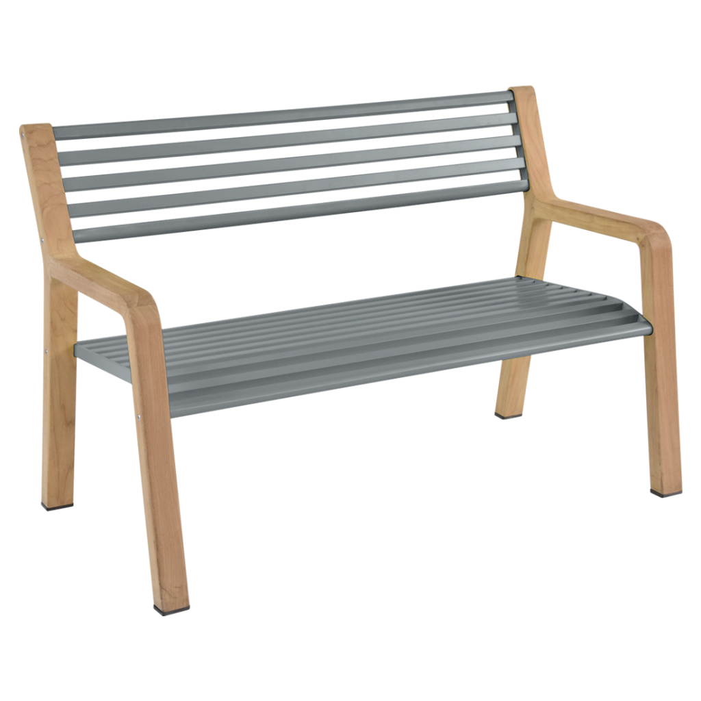 Un banc en bois avec un sommier à lattes gris.