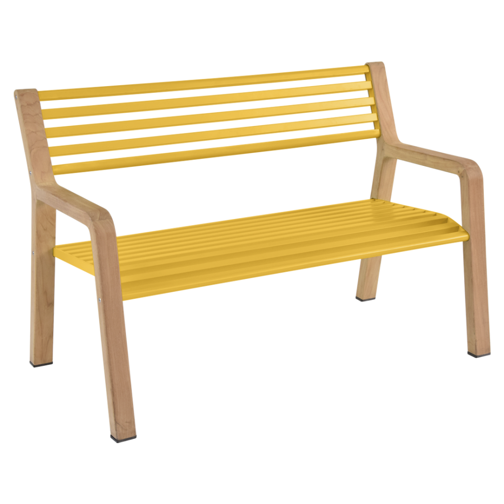 Un banc jaune sur fond blanc.