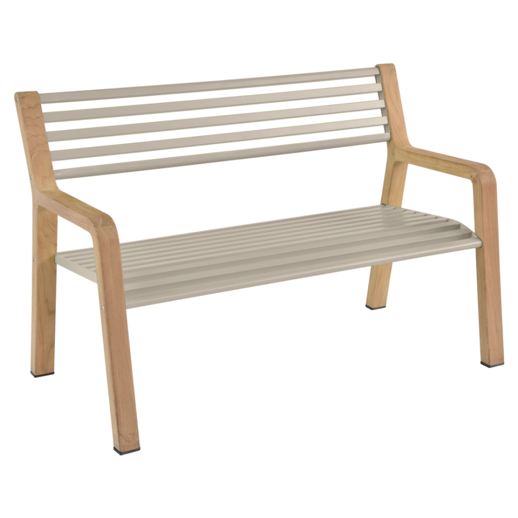 Un banc avec une structure et des lattes en bois.