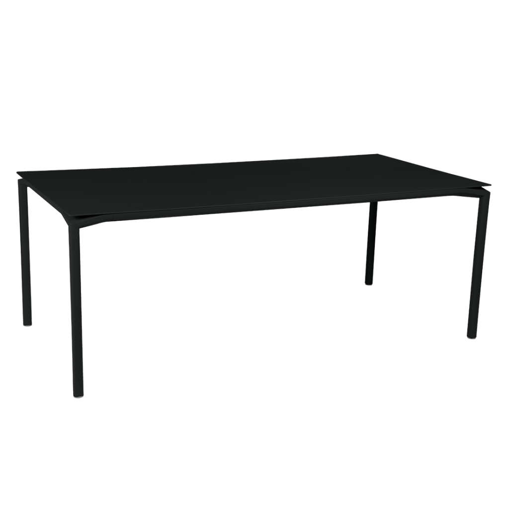 Une table à manger noire sur fond blanc.