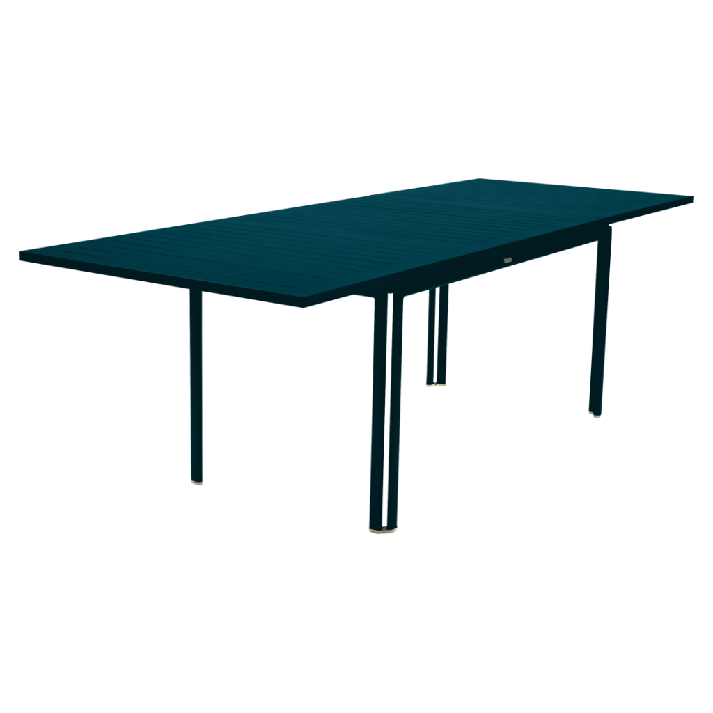 Une table avec un plateau bleu et des pieds noirs.