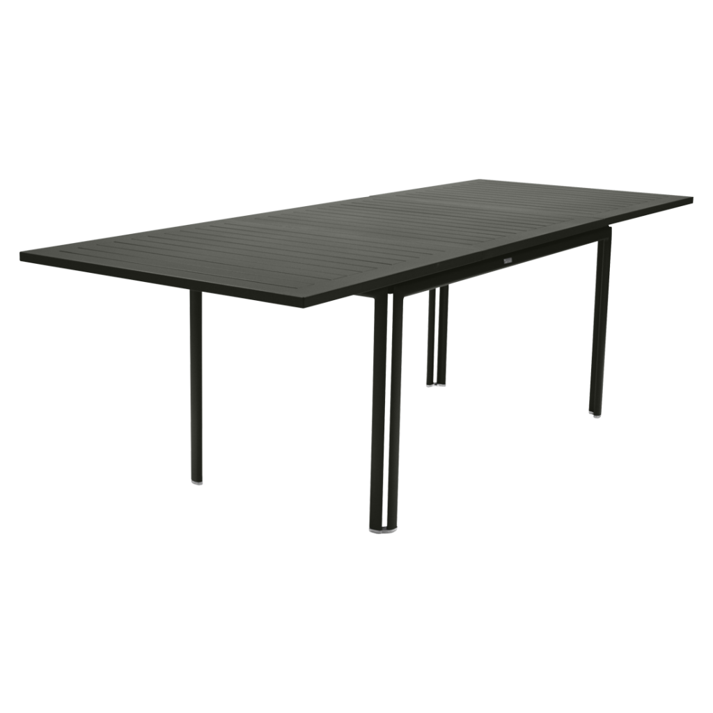 Une table noire avec des pieds en métal et un plateau noir.
