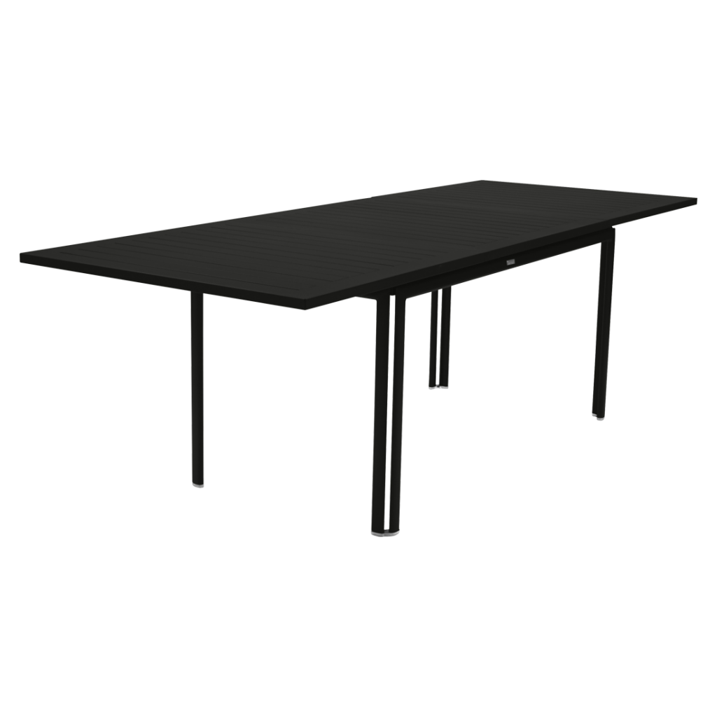 Une table rectangulaire noire avec pieds en métal.