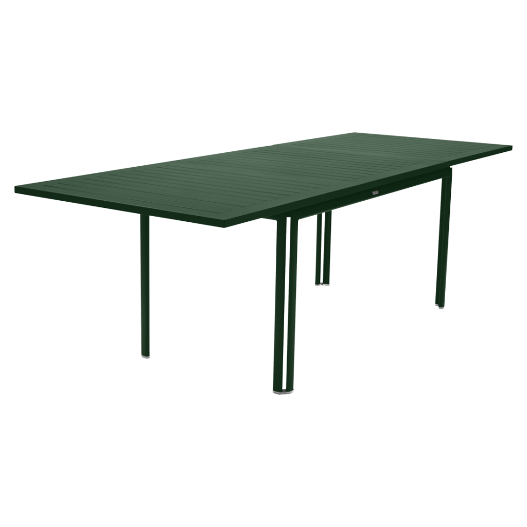 Une table rectangulaire verte avec des pieds en métal.