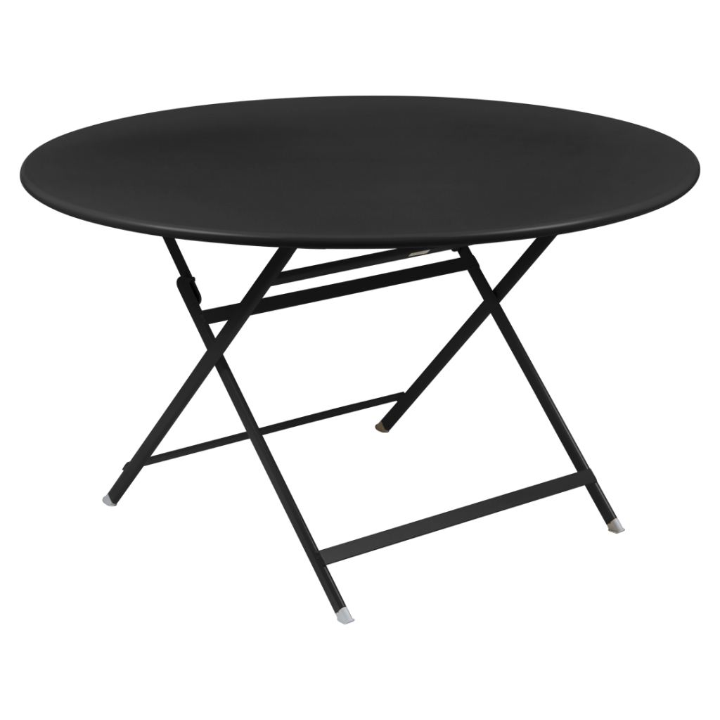Une table pliante noire sur fond blanc.