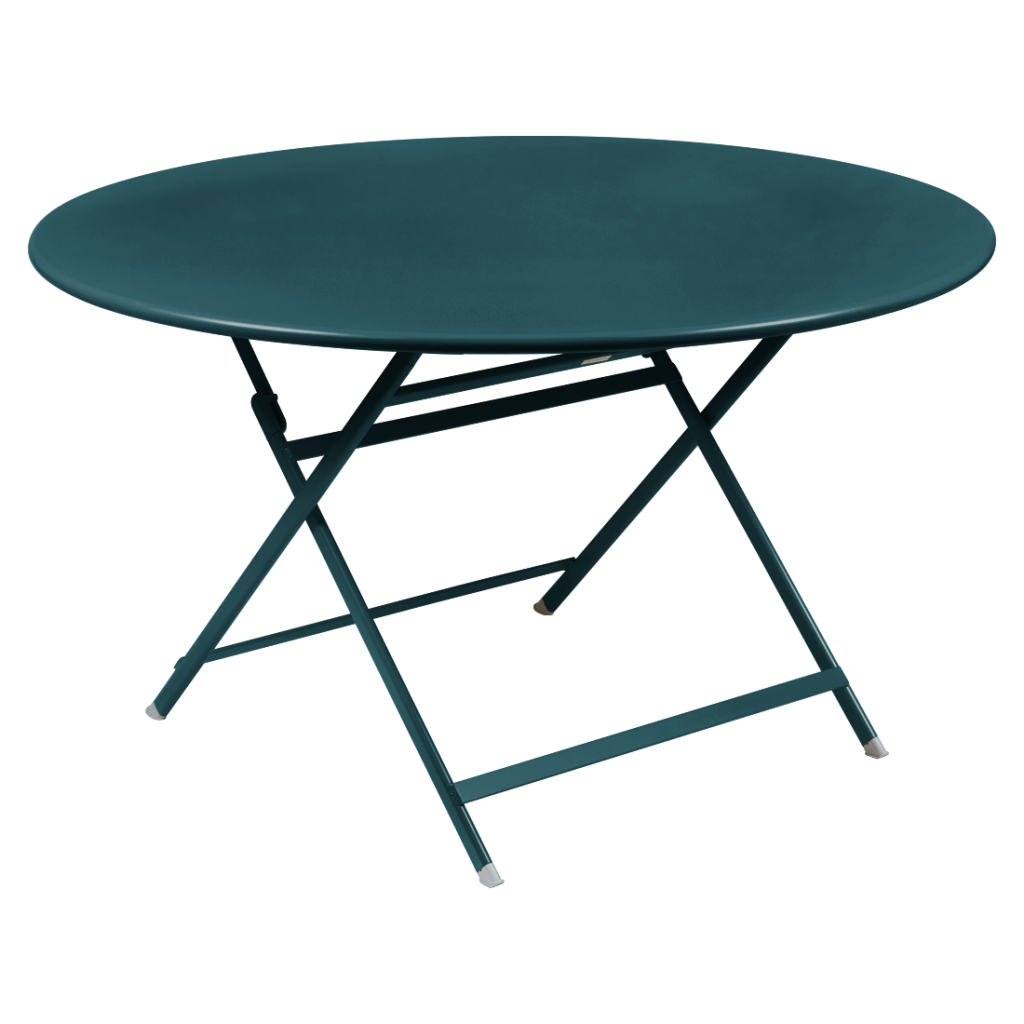 Une table pliante verte avec une structure en métal.