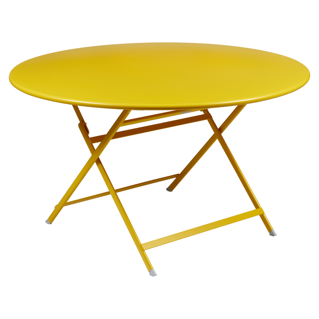 Une table pliante jaune sur fond blanc.