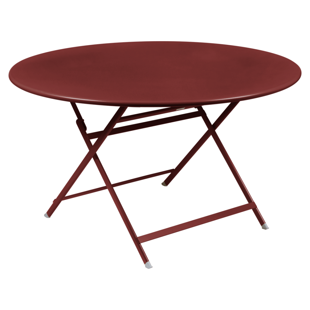 Une table pliante rouge sur fond blanc.