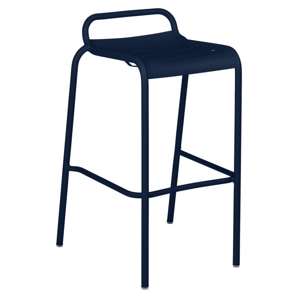 Un tabouret de bar bleu avec un siège noir.