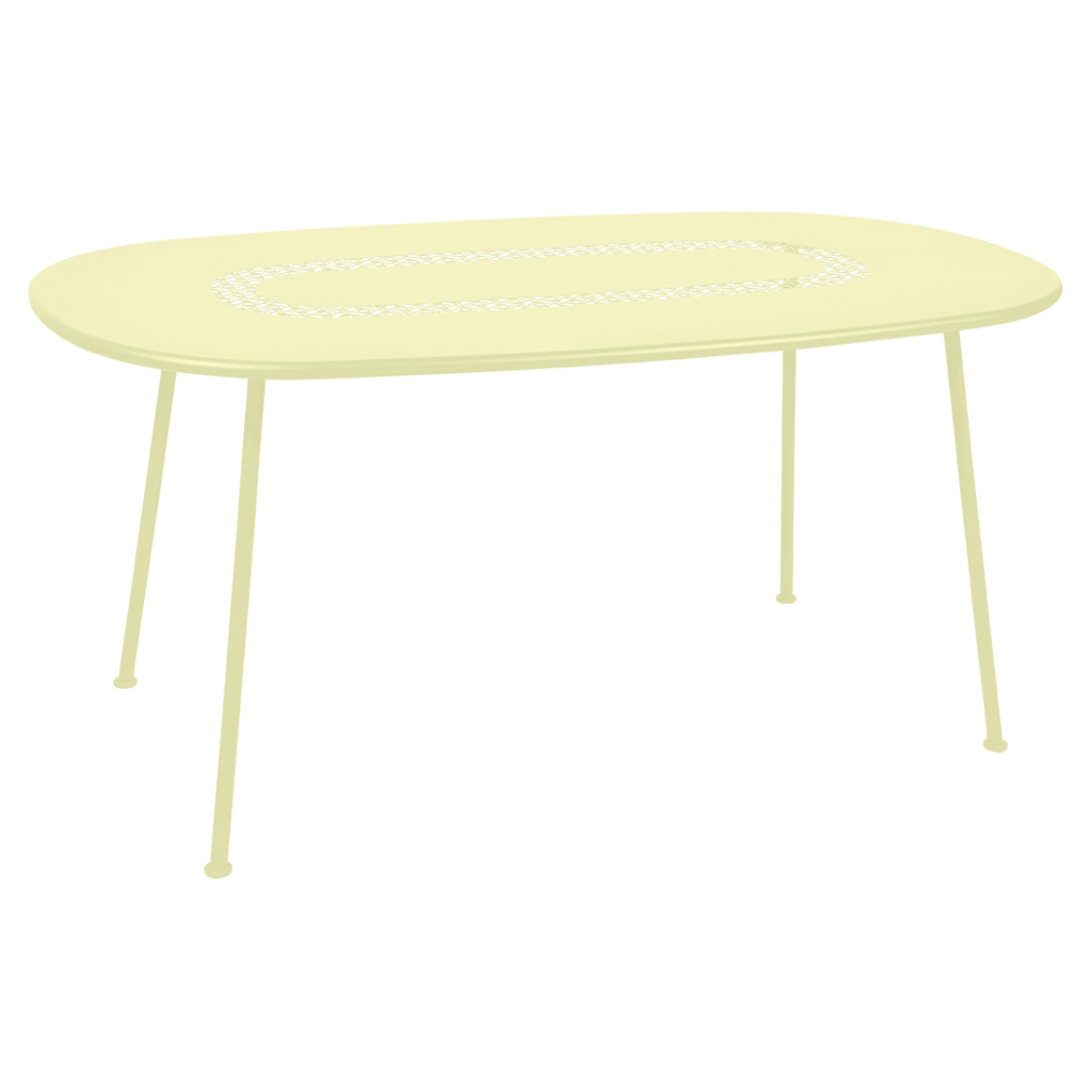 Une table blanche avec un plateau jaune.