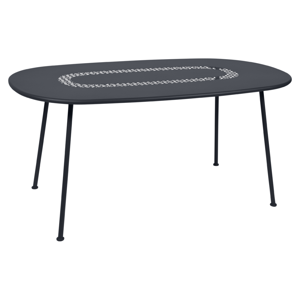 Une table à manger ovale noire avec une structure en métal.