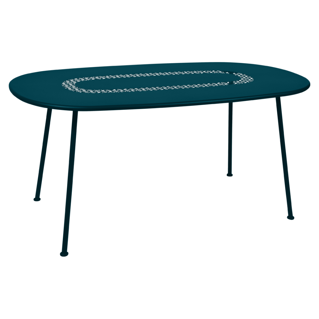Une table ovale bleue avec une base en métal.