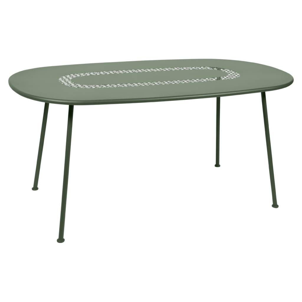 Une table ovale verte avec des pieds en métal.