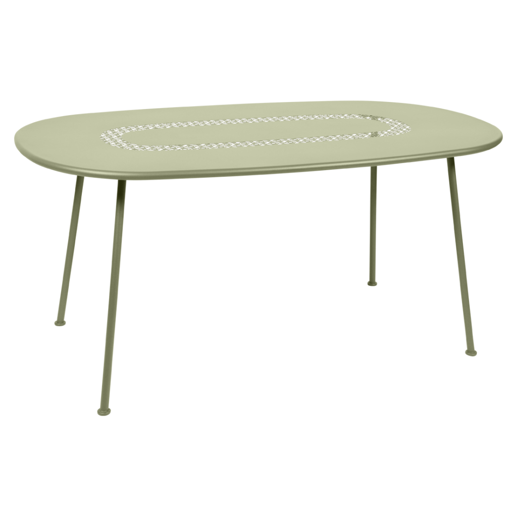 Une table ovale verte avec une base en métal.