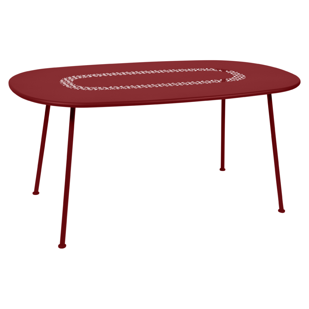Une table à manger rouge avec une base en métal.