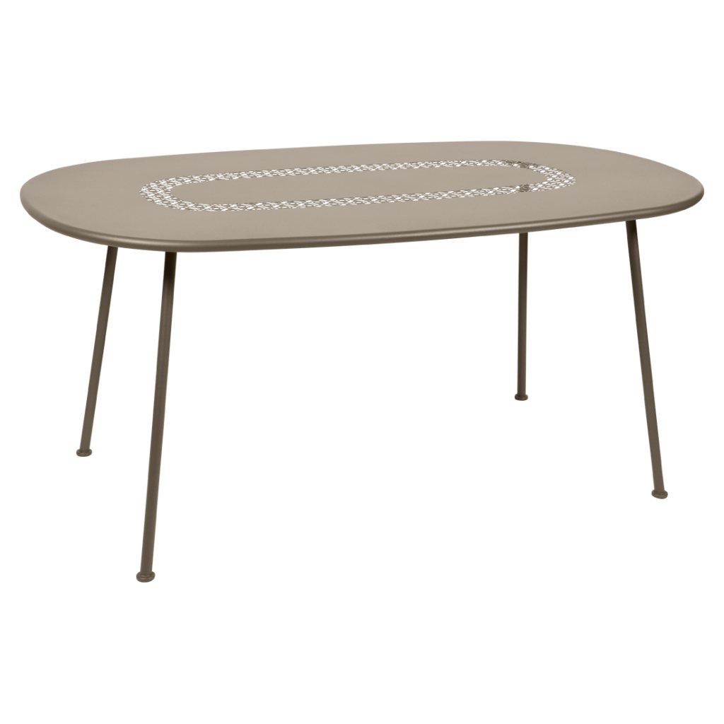 Une table rectangulaire avec un plateau rond et des pieds en métal.