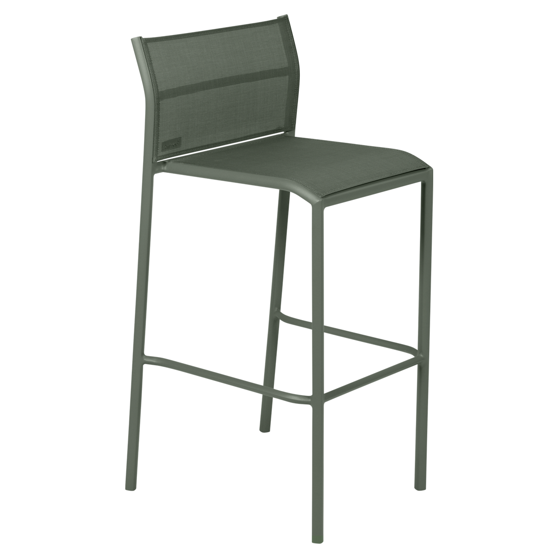 Un tabouret de bar gris avec une structure en métal.